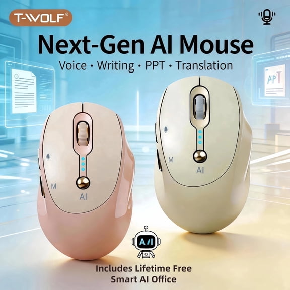 T-WOLF AI Wireless Mouse, BT+2.4G Dual Mode, Includes Lifetime Free Smart AI Office, Voice-to-Text Translation, Rechargeable with Battery Display, Productivity Mouse for Work, Study & Travel