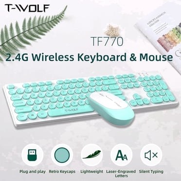T-WOLF Mint Green Aesthetic Wireless Keyboard and Mouse Gift Set, Lightweight Full-Size 104-Key Retro Round Keycap Keyboard, Silent Office Mouse, Desk for Home Office, Laptop & PC
