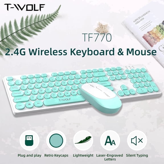 T-WOLF Mint Green Aesthetic Wireless Keyboard and Mouse Gift Set, Lightweight Full-Size 104-Key Retro Round Keycap Keyboard, Silent Office Mouse, Desk for Home Office, Laptop & PC