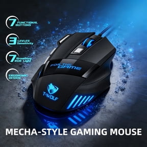 T-WOLF M1 Wired Gaming Mouse, RGB Breathing Lights, 7-Button Multi-Function with Rapid-Fire Button, Ergonomic Full-Size Design, 3-Level Sensitivity, Plug & Play USB for PC Laptop