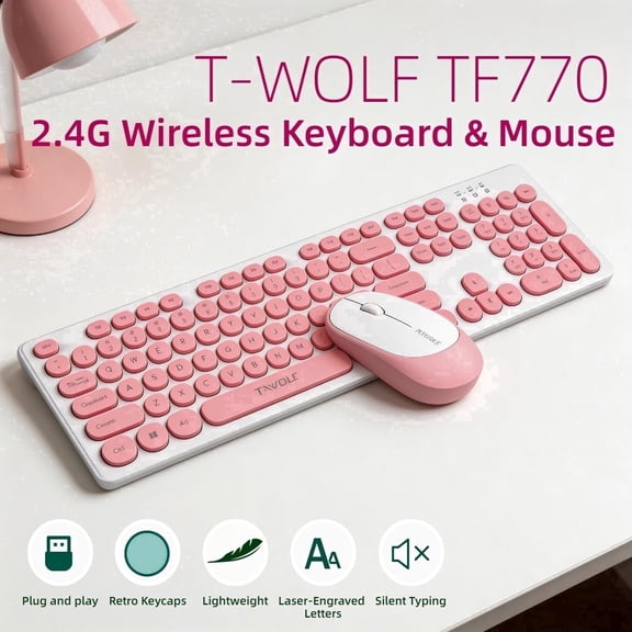 T-WOLF Pink Aesthetic Wireless Keyboard and Mouse Gift Set, Lightweight Full-Size 104-Key Retro Round Keycap Keyboard, Silent Office Mouse, Desk for Home Office, Laptop & PC