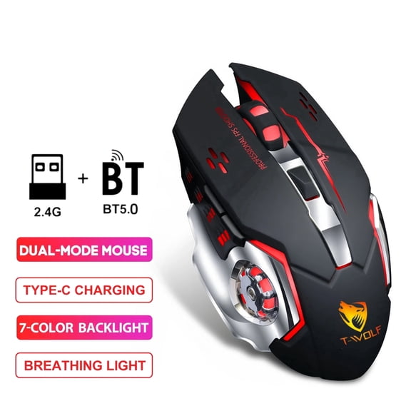 T-WOLF Wireless Gaming Mouse, BT 5.0 + 2.4G Dual Mode, Rechargeable RGB Ergonomic Mouse with Silent 6 Buttons, USB-C Cable Included, for PC/Mac/Laptop – Black