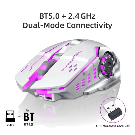 T-WOLF Wireless Gaming Mouse, Rechargeable BT 5.0 + 2.4G Dual-Mode Mouse with RGB Lighting, Silent 6-Button Full-Size Ergonomic Design, USB-C Cable, for PC, Mac, Laptop, Office & Gaming – White