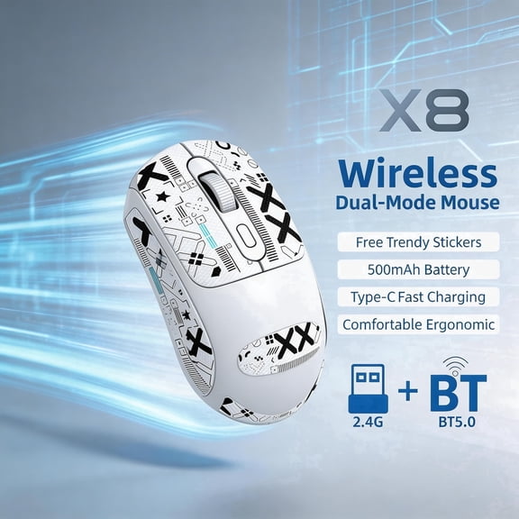 T-WOLF X8 White Wireless Mouse with White Graffiti Stickers, Rechargeable Silent Dual-Mode Portable Mouse for Laptop, PC & Tablet