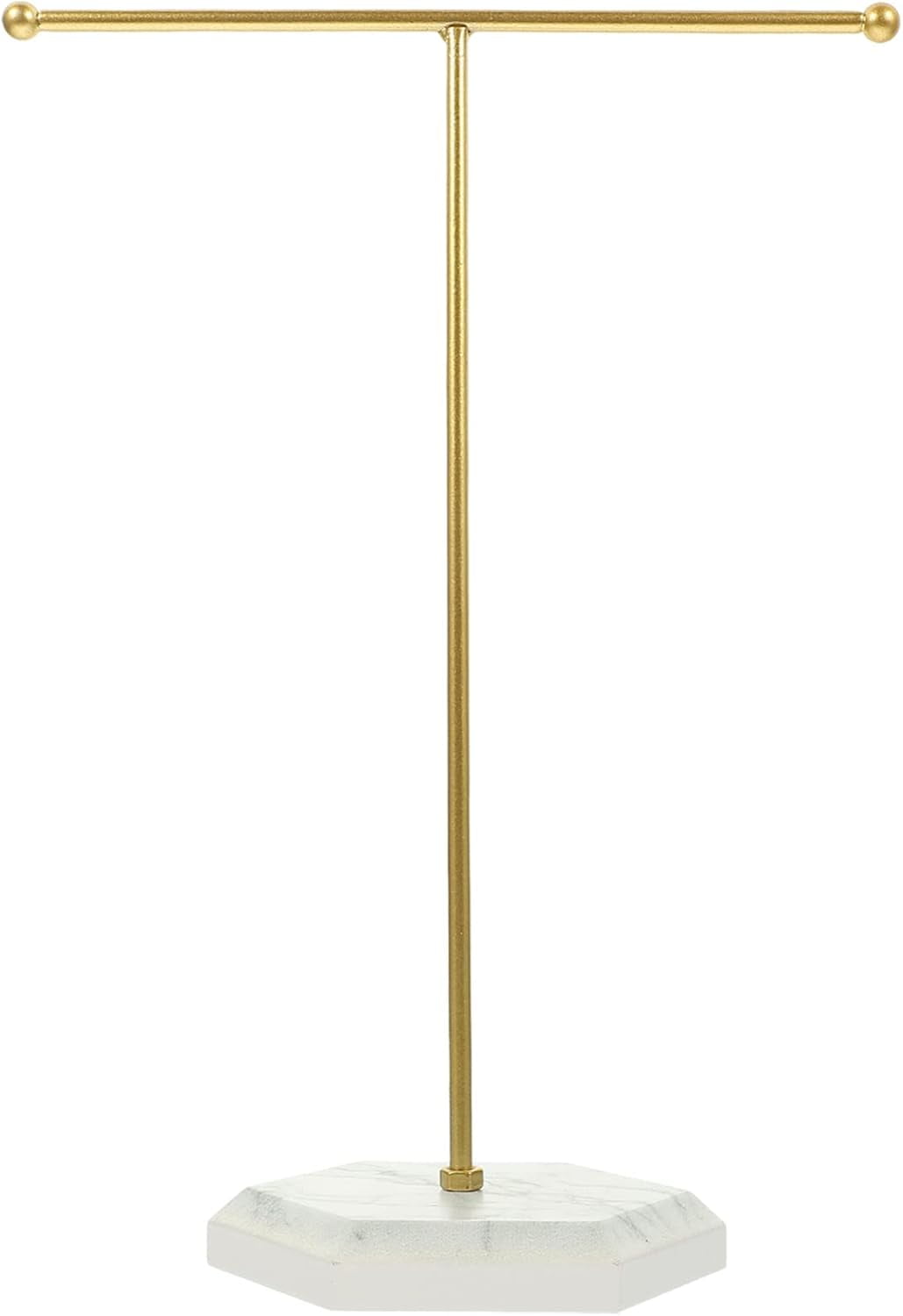 Gold T-Bar Metal Jewelry Stand with Marble Base