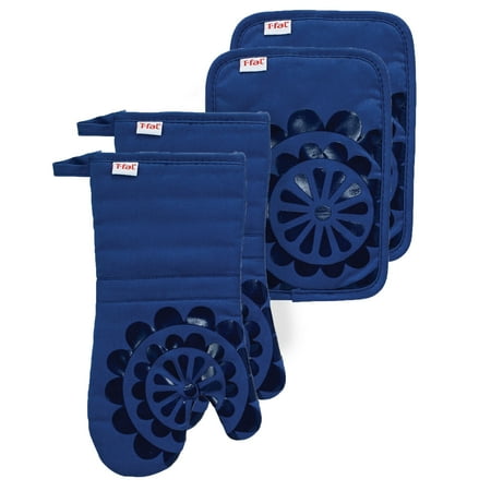 T-fal 4-Pack Medallion Oven Mitt & Pot Holder Set, Blue