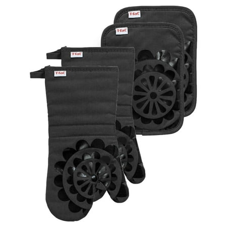 T-fal 4-Pack Medallion Oven Mitt & Pot Holder Set, Charcoal