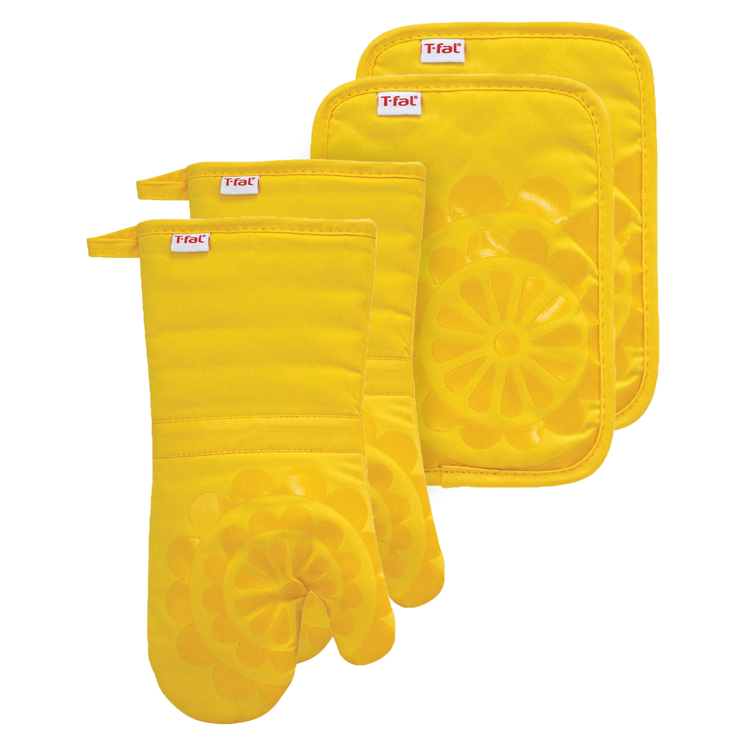 Yellow Silicone Medallion Oven Mitt and Pot Holder Set, 4-Piece