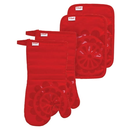 T-fal 4-Pack Medallion Oven Mitt & Pot Holder Set, Red