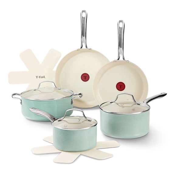 T-fal Ceramic Inspire, 10 Piece Cookware Set, Mint Green