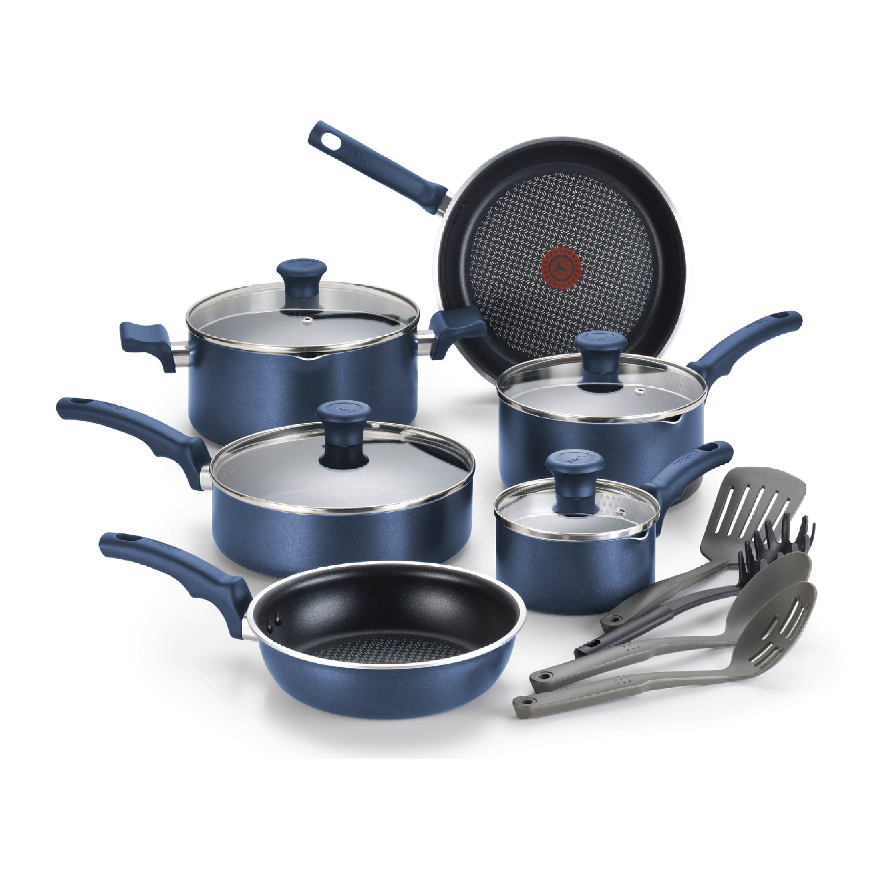 T-fal Cook & Strain Non-Stick 14-Piece Cookware Set, Recycled Aluminum ...