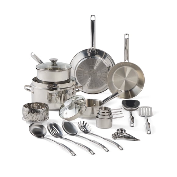 T-fal Cook & Strain, 20 Piece Stainless Steel Cookware Set, Silver