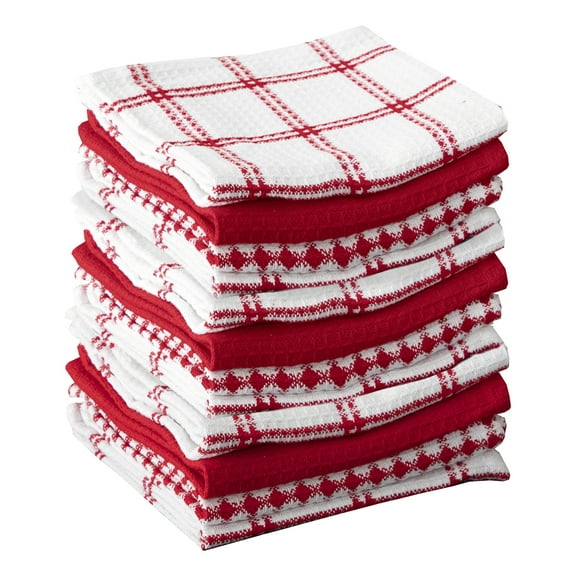 T-fal Coordinating Flat Waffle Weave Dish Cloth, Twelve Pack, Red