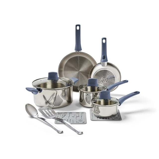T-fal Daily Cook Stainless Steel, 12 Piece Pots and Pans Cookware Set, Ocean Blue Handles