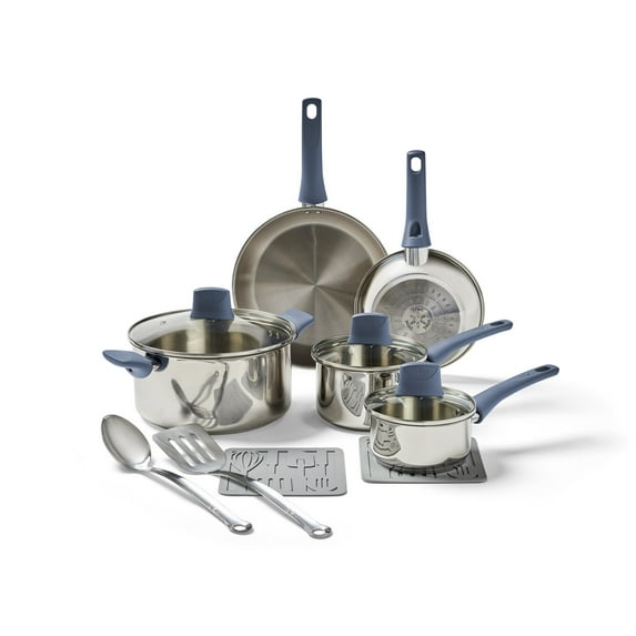 T-fal Daily Cook Stainless Steel, 12 Piece Pots and Pans Cookware Set, Ocean Blue Handles