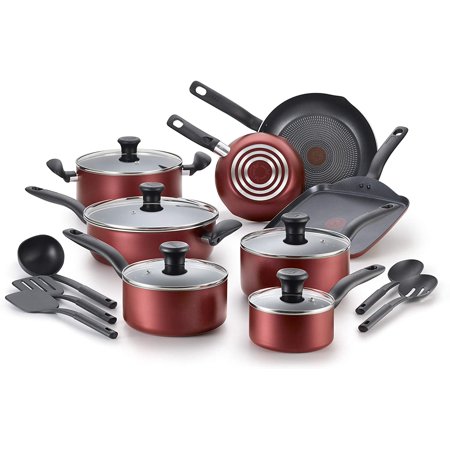T-fal, Dishwasher Safe Cookware Set, 18 Piece, Red Initiatives Non-stick Inside