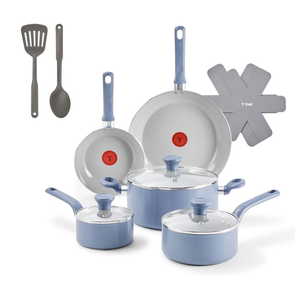 T-fal Easy Care inspire 12 Piece Ceramic Nonstick Cookware Set, Pots and Pans, Blue