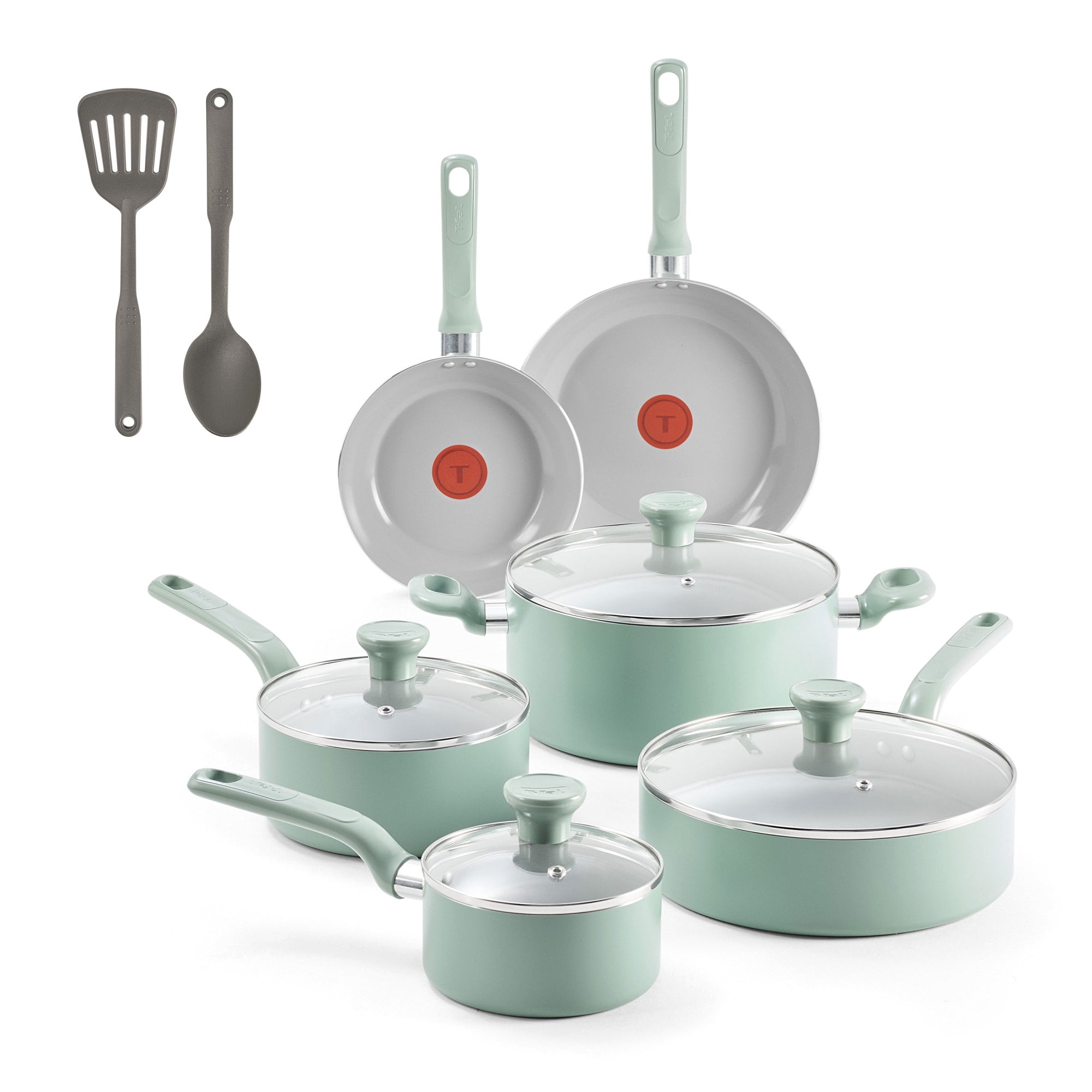 T-fal Easy Care 12 Piece Ceramic Nonstick Cookware Set, Pots and Pans, Mint Green