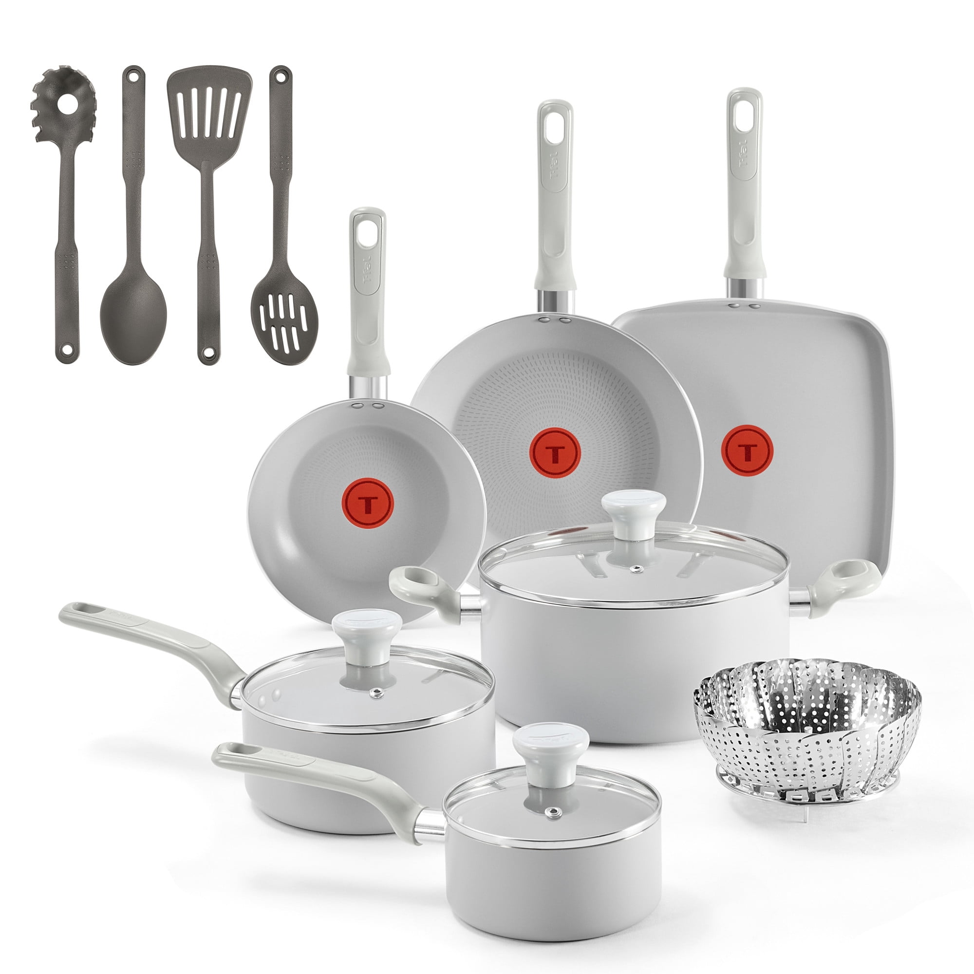 T-fal Easy Care 14 Piece Nonstick Cookware Set, Pots and Pans, Light Grey