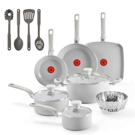T-fal Easy Care 14 Piece Nonstick Cookware Set, Pots and Pans, Light Grey