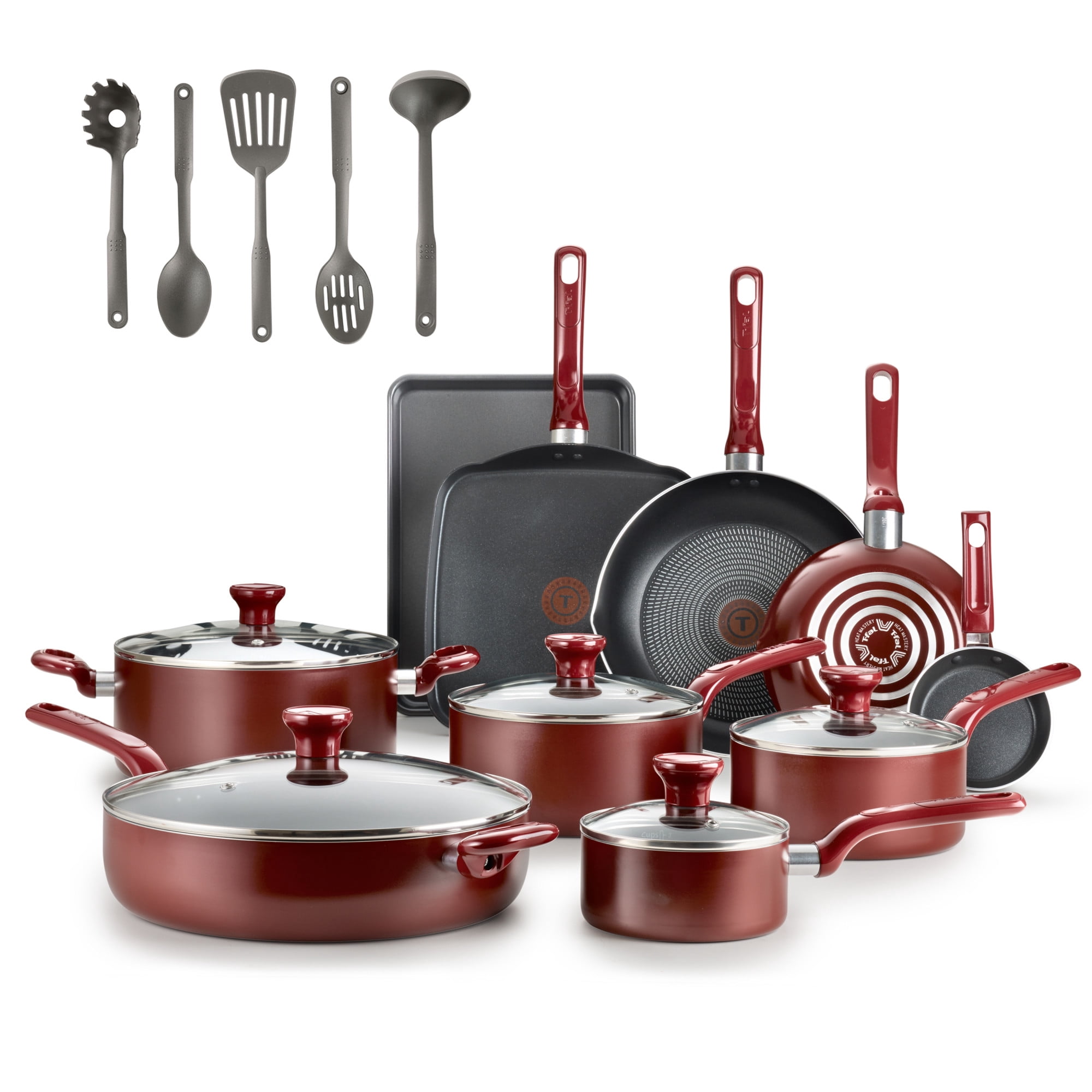 T-fal Easy Care Nonstick Cookware, 20 piece Set, Red, B089SKDW