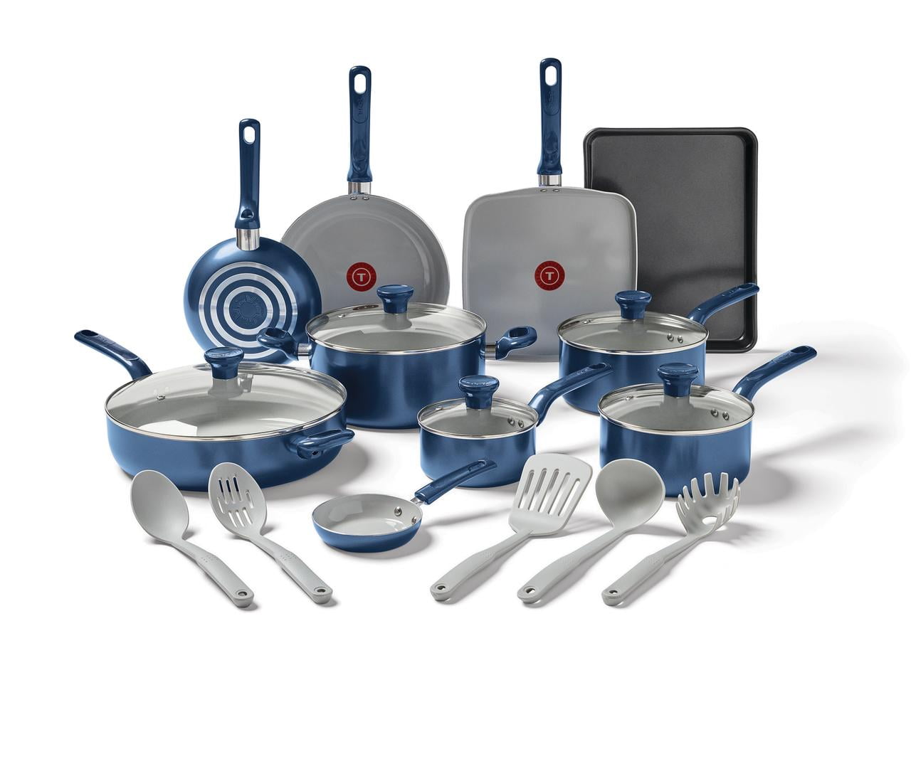 T-fal Easy Care Ceramic, 20 Piece Pots and Pans Cookware Set, Electric Blue