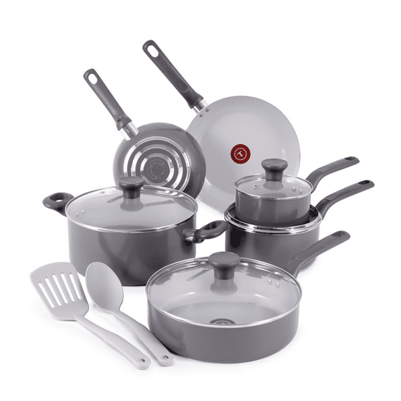 T-fal Easy Care Ceramic Non-Stick, 12 Piece Pots and Pans Cookware Set, Stone Grey