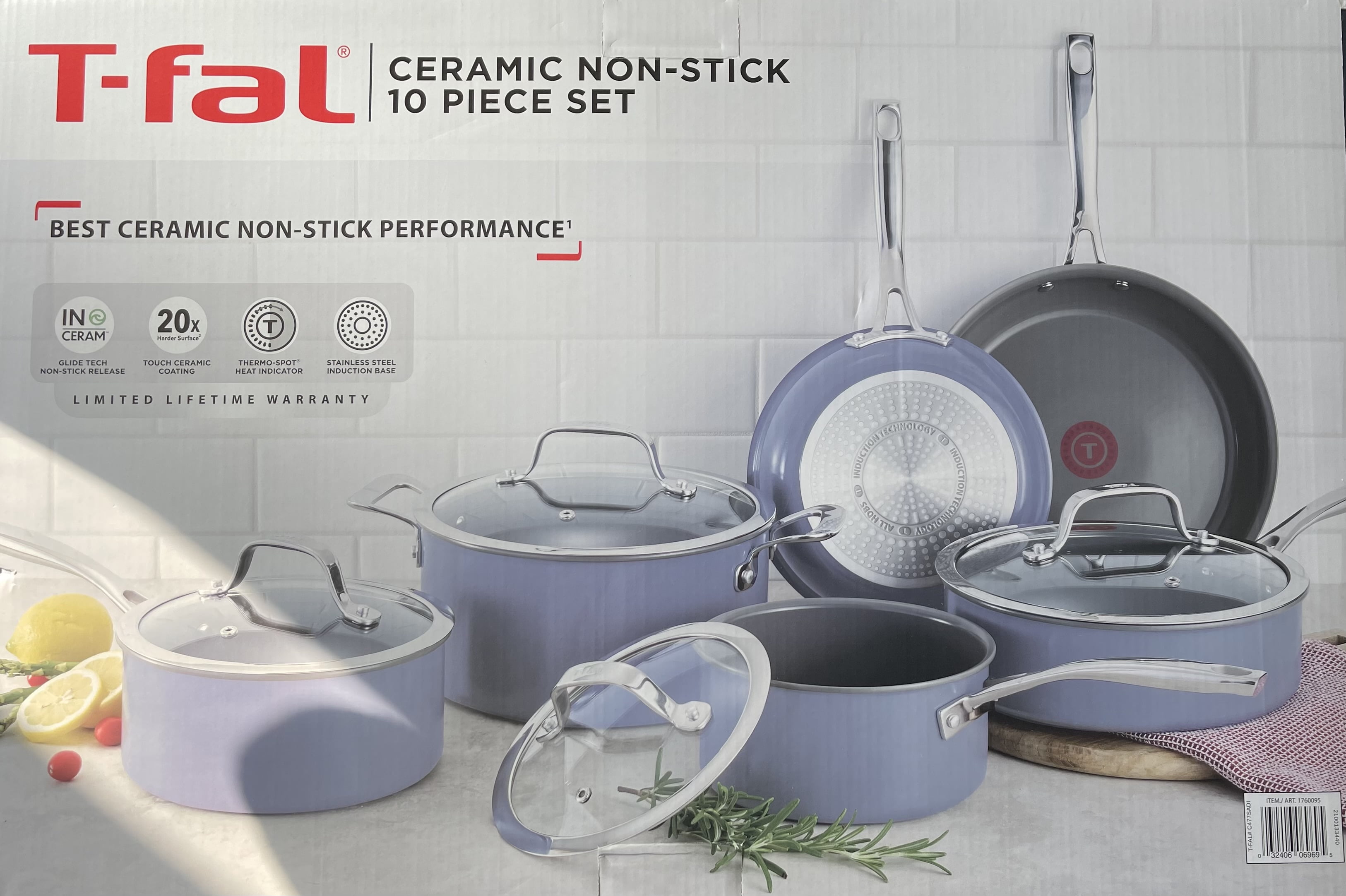 T-fal Excellence Ceramic Non-Stick Cookware Set, 10-Piece - Blue 