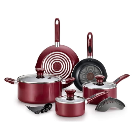 T-fal Excite ProGlide Nonstick Thermo-Spot Heat Indicator Dishwasher Oven Safe Cookware Set, 14-Piece, Red