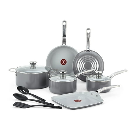 T-fal Fresh Recycled Aluminum Ceramic, Nonstick Cookware Set, 12 Piece, Grey