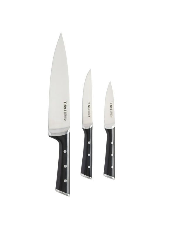T-fal Ice Force, 3 Knives Set, 8 inch Chef Knife, 5 inch Utility Knife, and 3.5 inch Paring Knife.