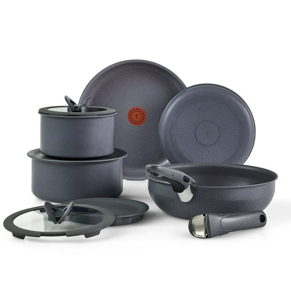 T-fal Ingenio Essentials, 11 Piece Nonstick Cookware Set with Detachable Handle, Grey Granite