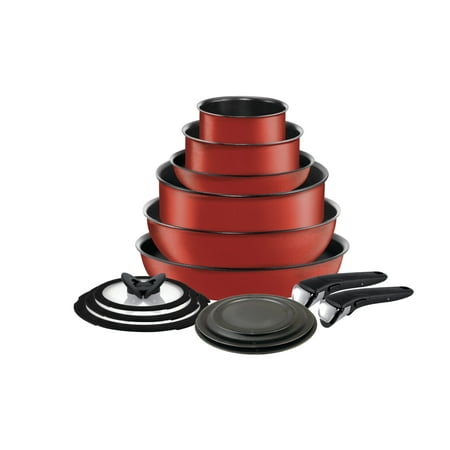 T-fal Ingenio Expertise, Nonstick Cookware Set, 14 Piece, Induction Oven Safe 500F, RV, Detachable Handle, Cherry Red