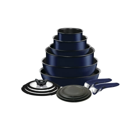 T-fal Ingenio Expertise 14 Piece Nonstick Cookware Set, Induction Oven Safe 500F, Pots and Pans, RV, Detachable Handle, Cobalt Blue