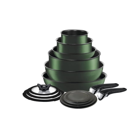 T-fal Ingenio Expertise, Nonstick Cookware Set, 14 Piece, Induction Oven Safe 500F, RV, Detachable Handle, Forest Green