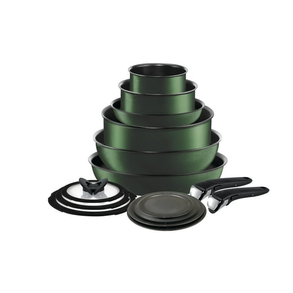 T-fal Ingenio Expertise, Nonstick Cookware Set, 14 Piece, Induction Oven Safe 500F, RV, Detachable Handle, Forest Green