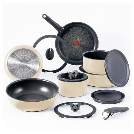 T-fal Ingenio Expertise, Nonstick Cookware Set, 14 Piece, Induction Oven Safe 500F, RV, Detachable Handle, French Vanilla