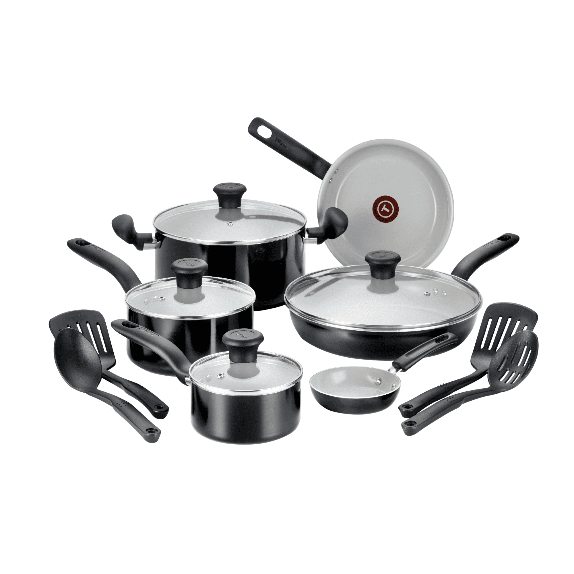 T-fal Initiatives Ceramic Cookware, 14 Piece Pots and Pans Cookware Set, Black