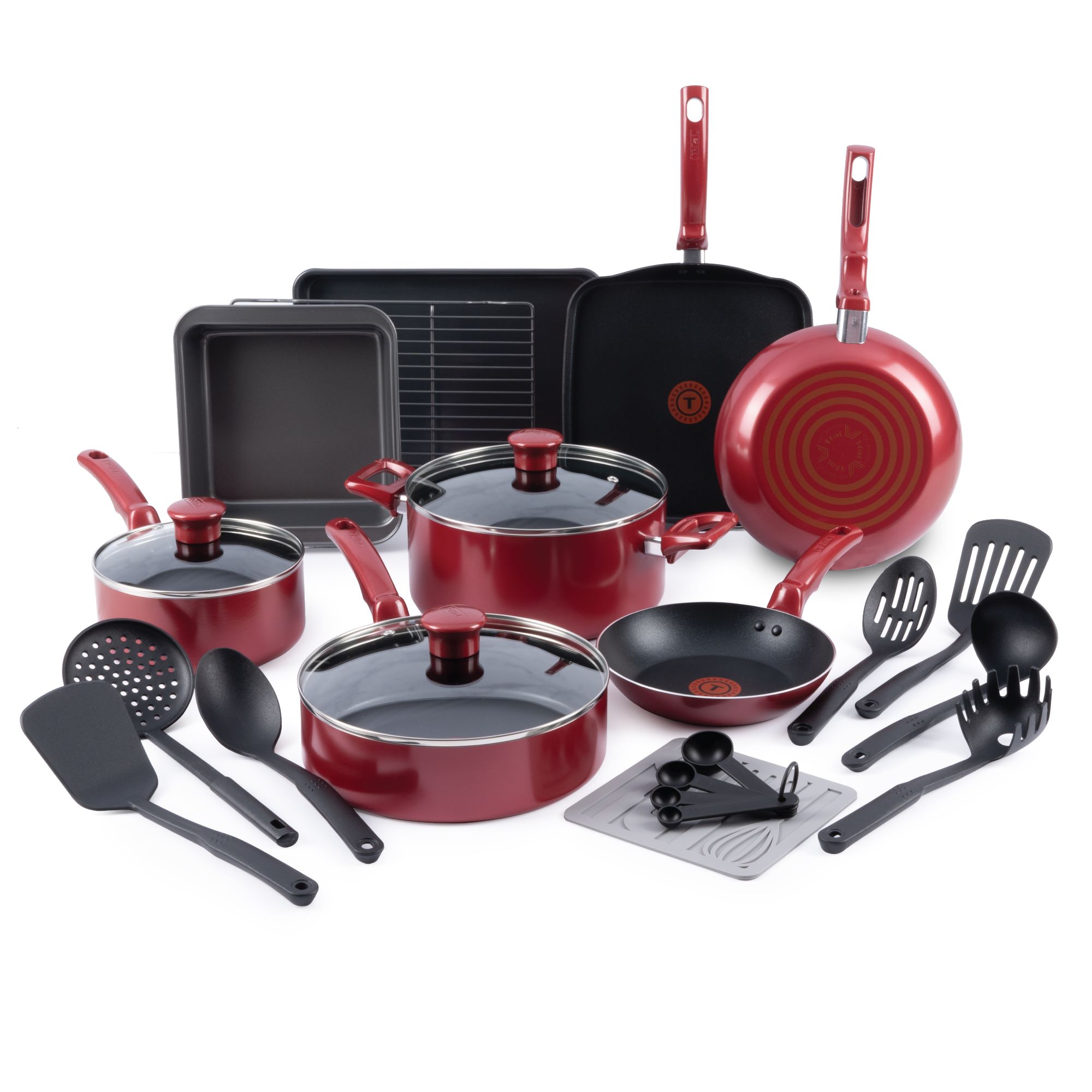 Tfal Kitchen Solutions 22Piece Nonstick Cookware Set, Thermospot, Red