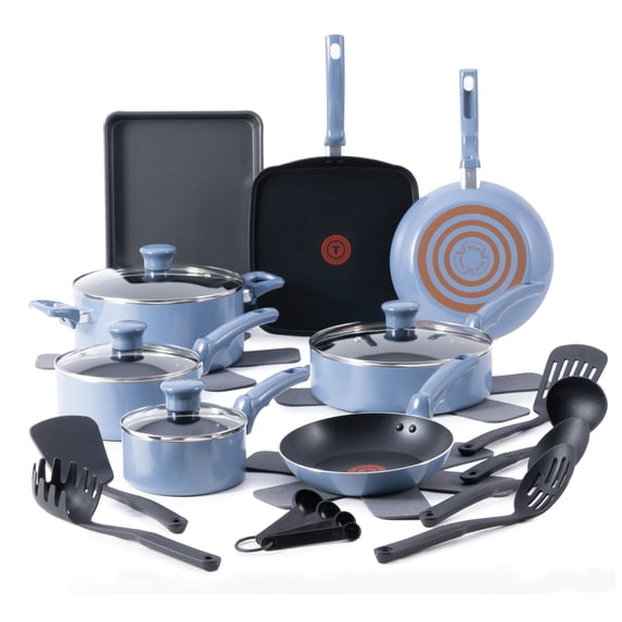 T-fal Kitchen Solutions, 22 Piece Non-Stick Pots and Pans Cookware Set, Ocean Blue