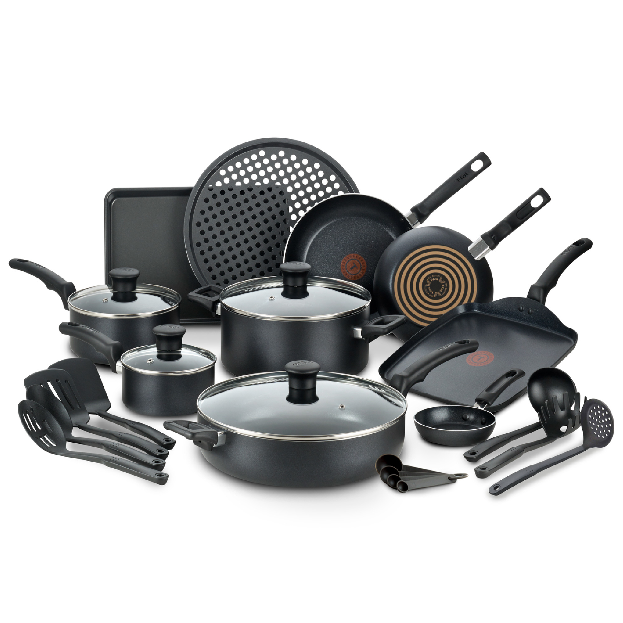 T-fal Kitchen Solutions 22-Piece Nonstick Cookware Set, Thermospot, Black - image 1 of 11