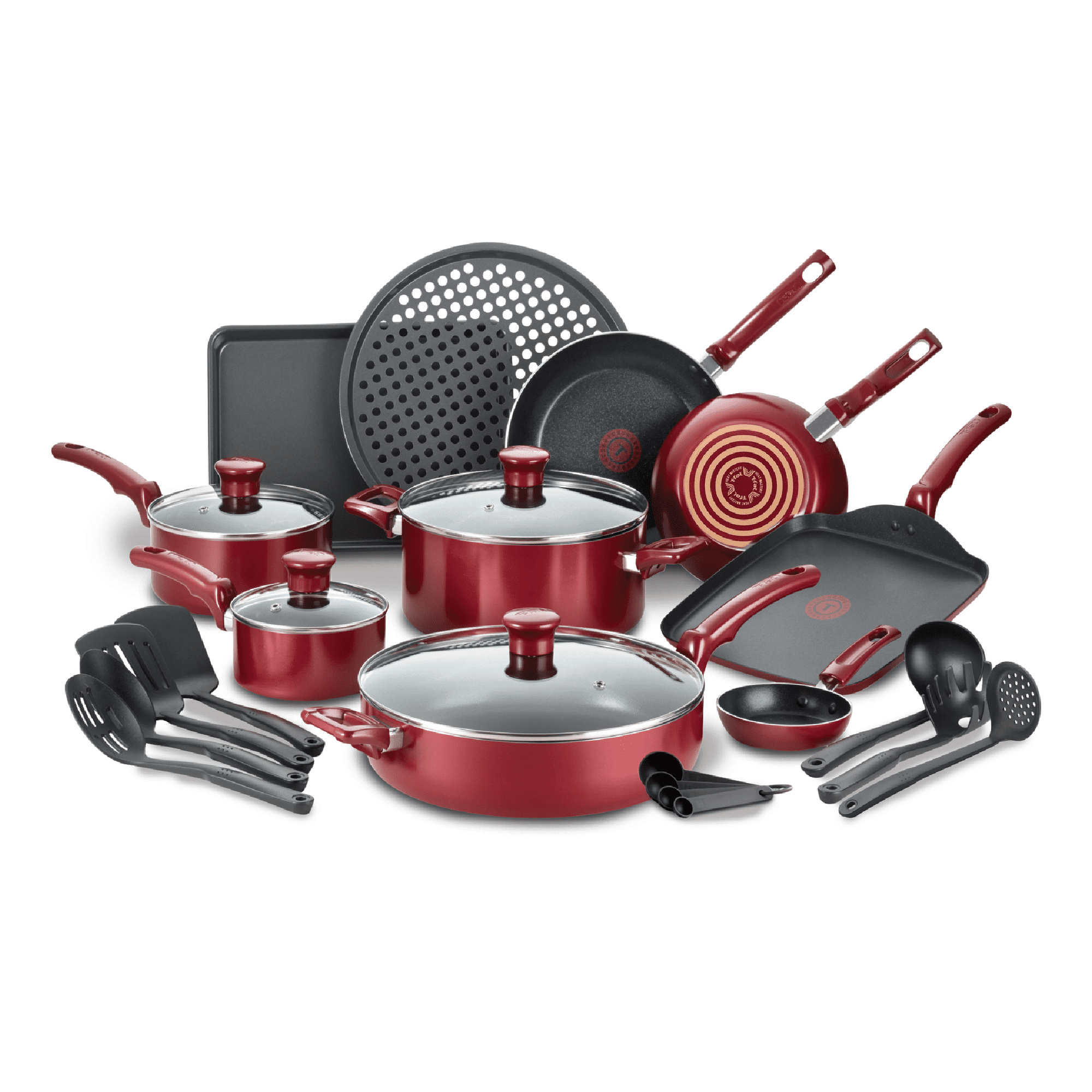 OSQI Nonstick Cookware Set with Glass Lids - Aluminum Bakeware, Pots and  Pans, Storage Bowls & Utensils, Compatible with All Stovetops, 21 Piece,  Red