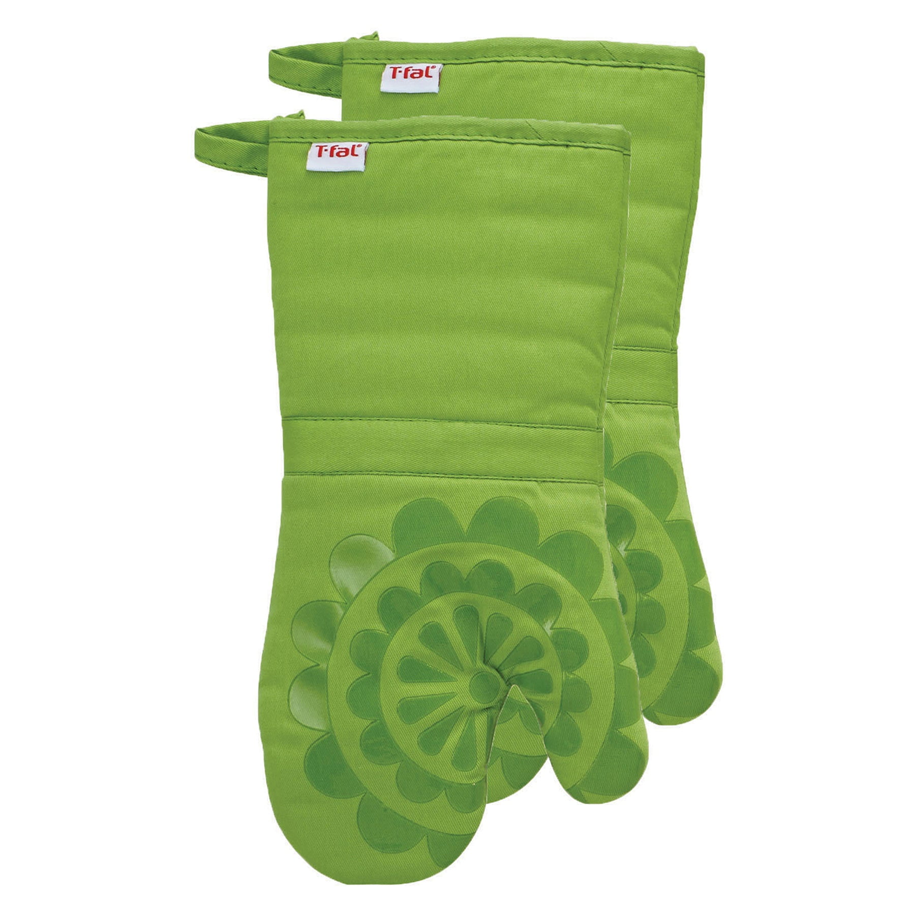 T-fal Medallion Print Silicone and Cotton Twill Oven Mitts, Two Pack, Green