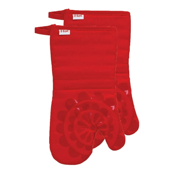 T-fal Medallion Print Silicone and Cotton Twill Oven Mitts, Two Pack, Red
