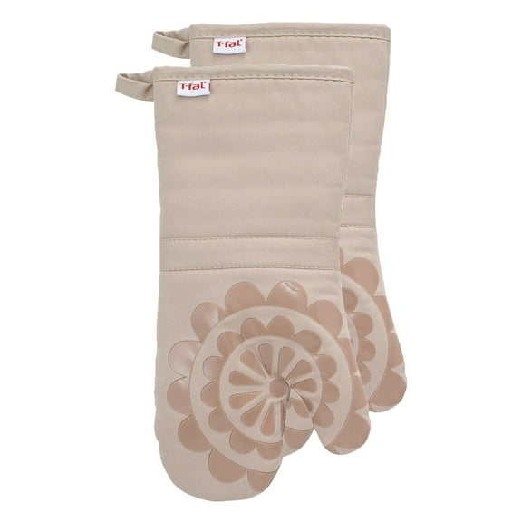 T-fal Medallion Print Silicone and Cotton Twill Oven Mitts, Two Pack, Sand