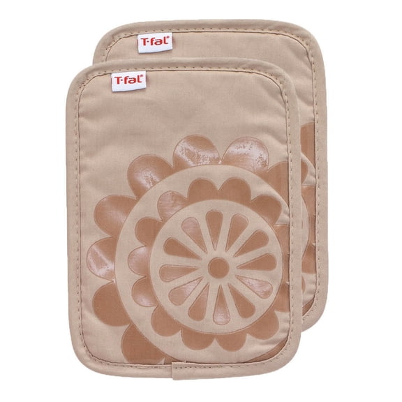 T-fal Medallion Print Silicone and Cotton Twill Pot Holders, Two Pack, Sand