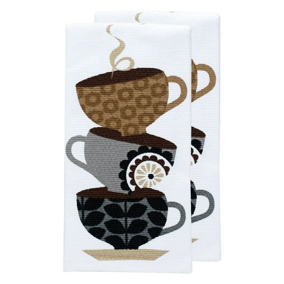 T-fal Pigment Print Dual Woven Kitchen Towels, Two Pack, Coffee Cups