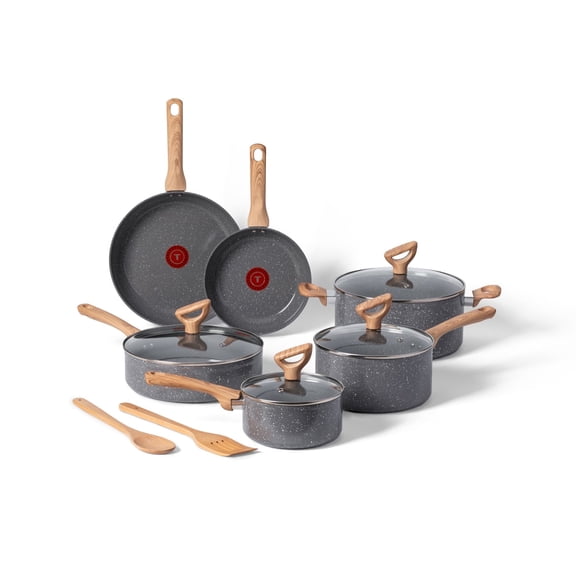 Open Box T-fal Revive Ceramic, 12 Piece Nonstick Cookware Set, Stone Grey