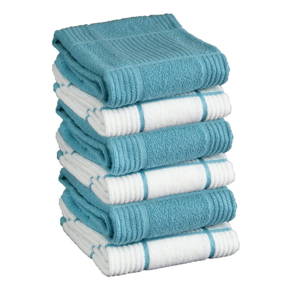 T-fal Solid and Check Parquet Kitchen Towel, Six Pack, Breeze