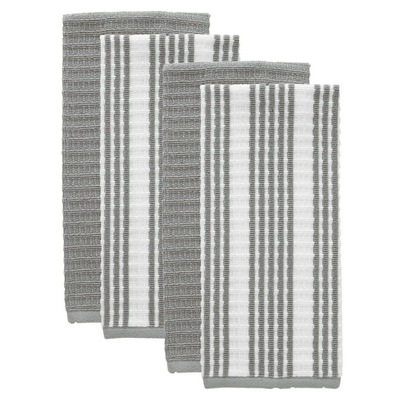 T-Fal Solid & Stripe Premium Kitchen Towels, 4-Pack, Gray